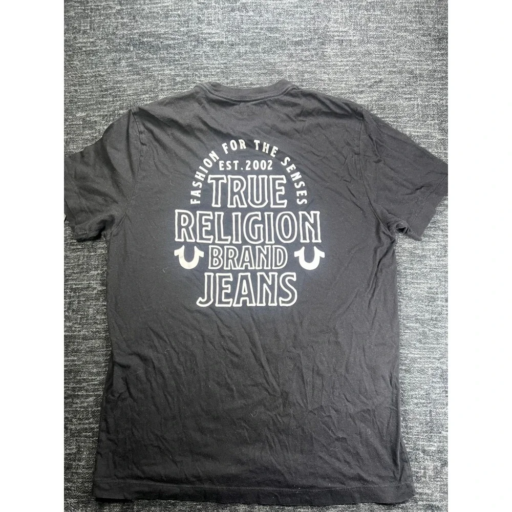 True Religion T-Shirt Mens Large Black Graphic Back Logo Cotton Crew Neck 107302